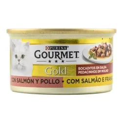 Comida húmeda para gatos adultos con salmón y pollo en salsa Purina Gourmet Gold lata 85 g