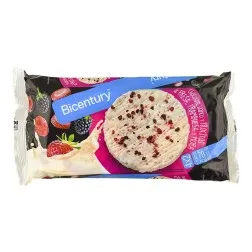 Tortitas de arroz con chocolate blanco y trocitos de fresa, frambuesa y mora Bicentury paquete 132 g