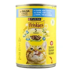 Comida húmeda para gatos con salmón atún y verduras en salsa Friskies 5 Promesas lata 400 g