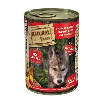 Natural Greatness Lata Starter Puppy Pollo con Zanahorias, Piña, Semilla de Lino y Arándanos Rojos - Pack 12 x 400 gr