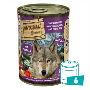 Natural Greatness Lata Pato y Conejo con Tomate, Manzana y Semillas de Hinojo - Pack 6 x 400 gr
