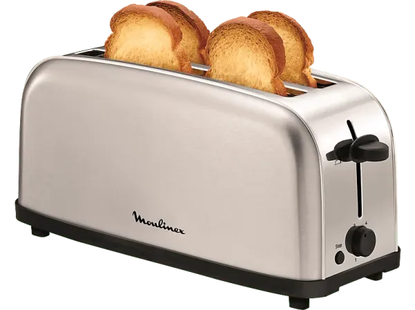 Tostadora - Moulinex Classic LS330D11, 1400 W, 2 Ranuras Extralargas, 6 Niveles de tostado, Bandeja recogemigas, Botón Stop, Acero Inoxidable