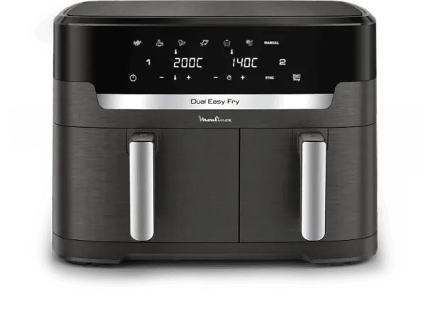 Freidora - Moulinex Dual Easy Fry EZ942H, Cocinado dual, 2700 W, 11 L, 2 cubetas, 200 °C, 7 programas automáticos, Hasta 10 personas, Táctil, Gris