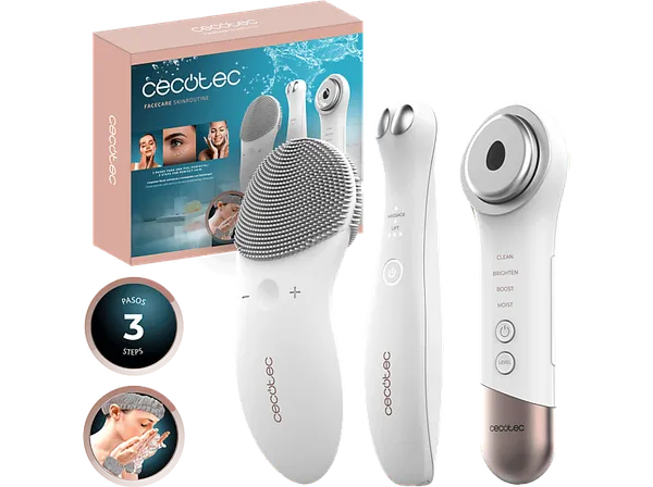 Limpiador facial - Cecotec FaceCare SkinRoutine, Dispositivo antiojeras, Masajeador facial, Kit de diadema y muñequeras, White