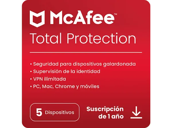 Antivirus - McAfee® Total Protection, Seguridad en Internet para 5 dispositivos, Suscripción 1 año, Código de descarga