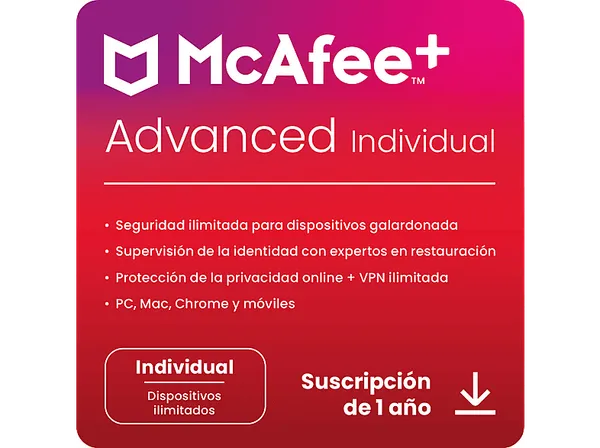 Antivirus- McAfee®+ Advanced Individual, Seguridad Internet, Dispositivos ilimitados, Suscripción 1 año, Código descarga