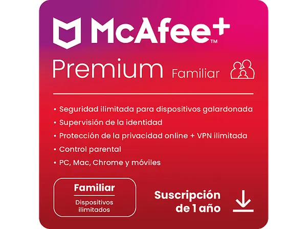 Antivirus - McAfee®+ Premium Familiar, Seguridad Internet, Dispositivos ilimitados, Suscripción 1 año, Código descarga