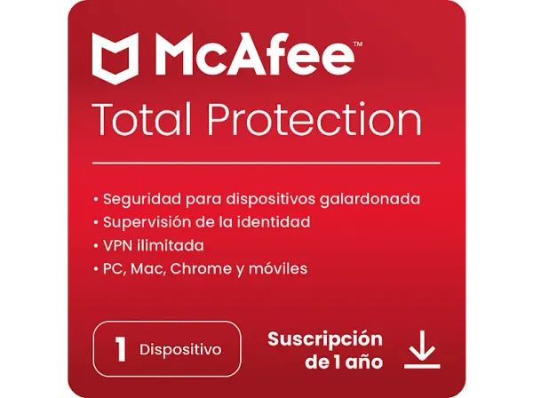 Antivirus - McAfee® Total Protection, Seguridad en Internet para 1 dispositivo, Suscripción año, Código de descarga