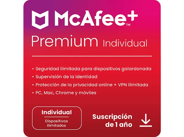 Antivirus - McAfee®+ Premium Individual, Seguridad Internet, Dispositivos ilimitados, Suscripción 1 año, Código descarga
