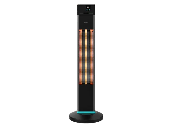 Calefactor - Cecotec ReadyWarm 2000 Power Tower, 2000W, Tecnología halógena, 3 Potencias, Mando a distancia y display, Uso exterior, Negro/Plata