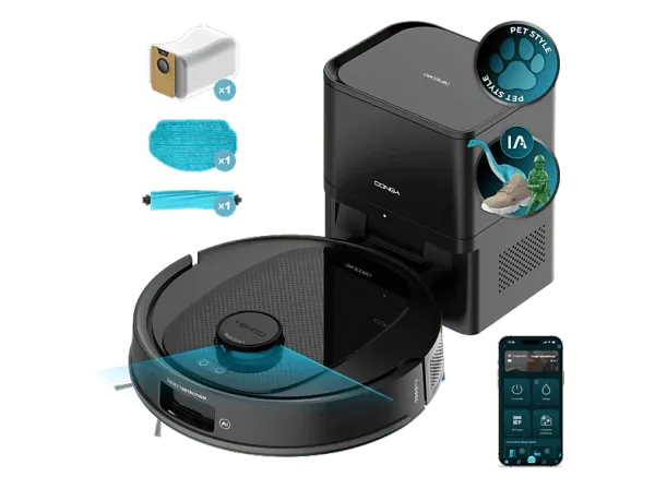 Robot friegasuelos - Cecotec Conga Y80, Navegación inteligente, Programable, 13000 Pa succión, Base de 2,5L, Cepillo para mascotas, Negro