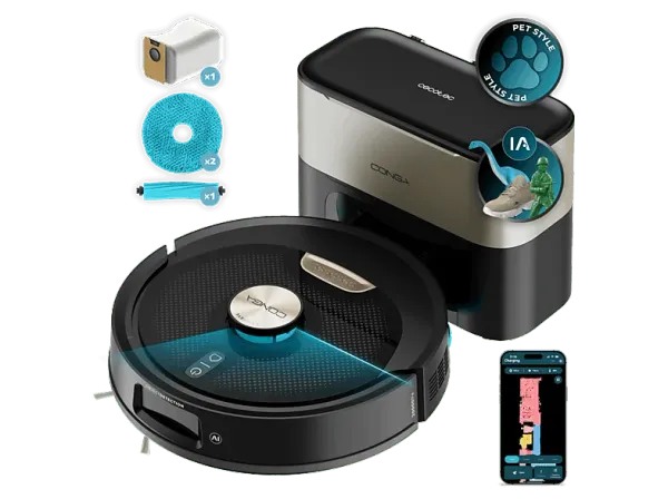 Robot aspirador - Cecotec Conga Y100 Spin AI, 20000 Pa, 220 m², Navegación láser, Autovaciado, Especial mascotas, Negro