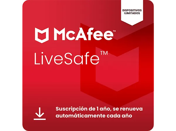 Antivirus - McAfee®+ LiveSafe, Seguridad en Internet para dispositivos ilimitados, Suscripción 1 año, Código de descarga (Renovación automática)