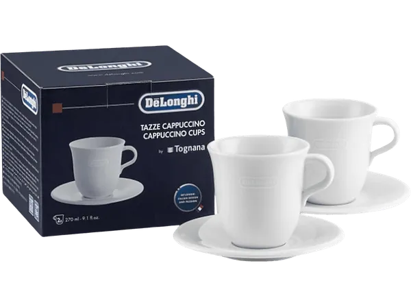 Taza - De'Longhi DLSC309, Set 2 tazas con platillo, Para Cappuccino, Porcelana, Blanco