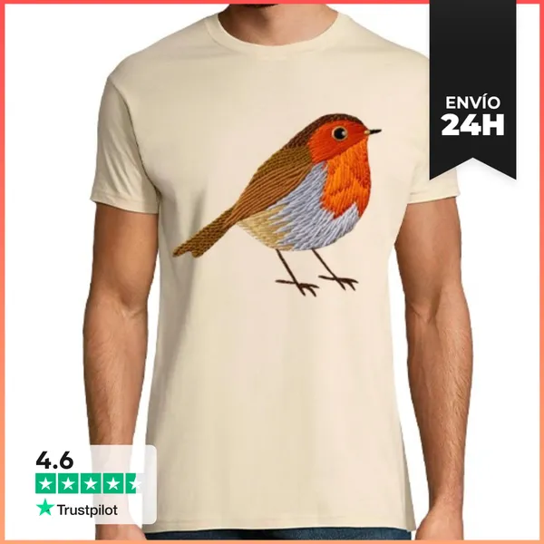 Camiseta Hombre Clásica Lindo Pájaro Bordado Petirrojo