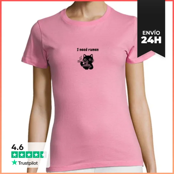 Camiseta Mujer Clásica Gato Negro Kawaii Amante De Los Fideos