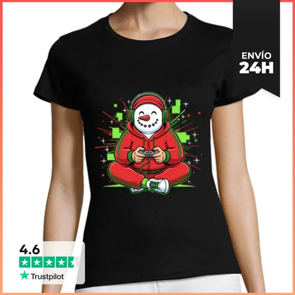 Camiseta Mujer Clásica Muñeco De Nieve Gamer Navidad Invierno