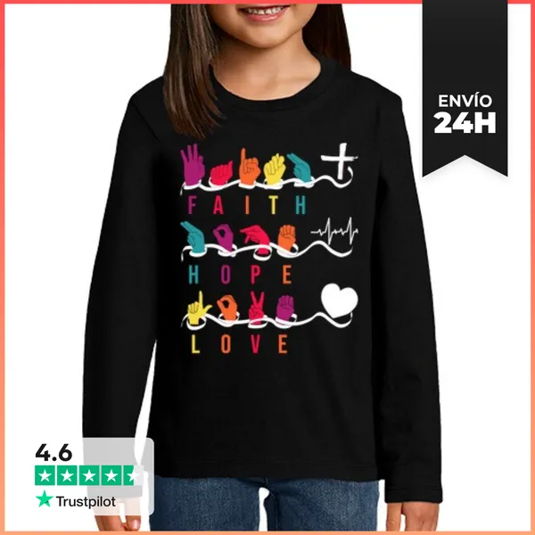 Camiseta Manga Larga Para Niños Fe Esperanza Amor Asl Lenguaje De