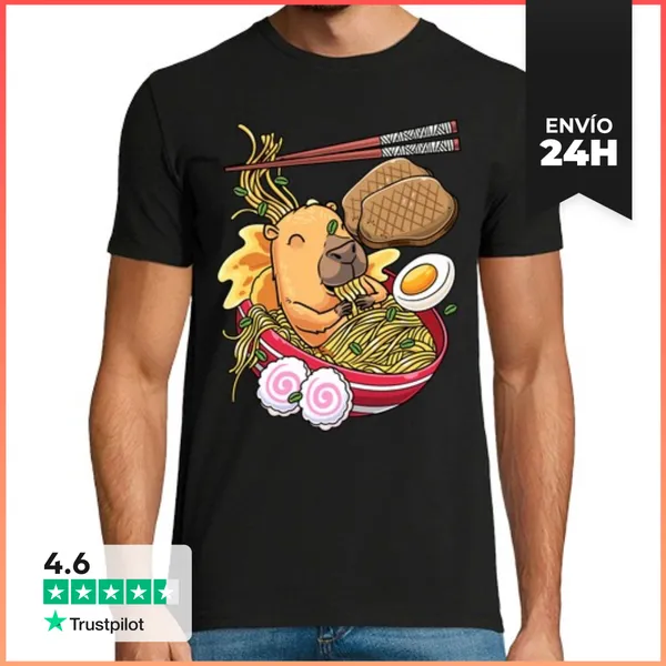 Camiseta Hombre Clásica Kawaii Carpincho Fideos Ramen Japonés