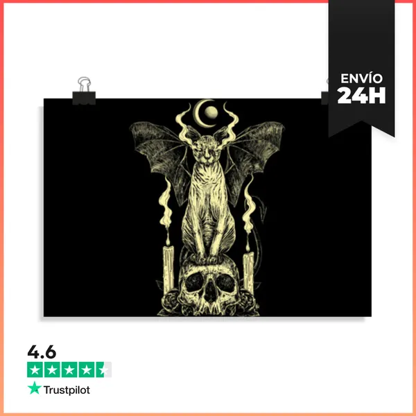 Póster Horizontal Gato Esfinge Malvado Cráneo De Murciélago Wicca