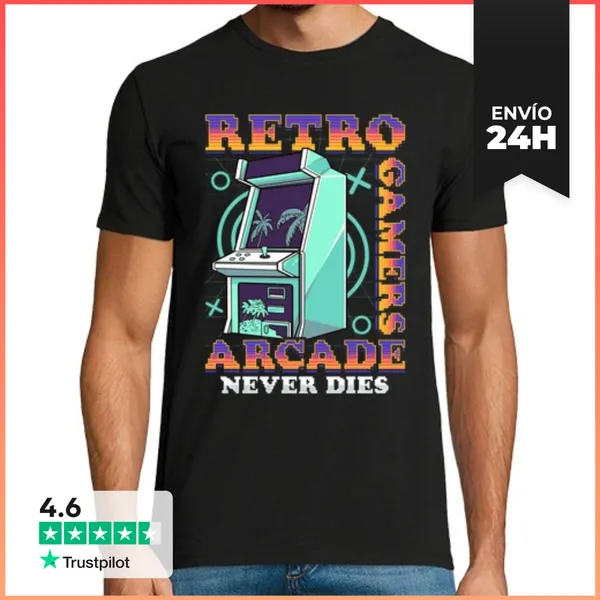 Camiseta Hombre Clásica Retro Gamers Arcade Never Dies 80s Retro