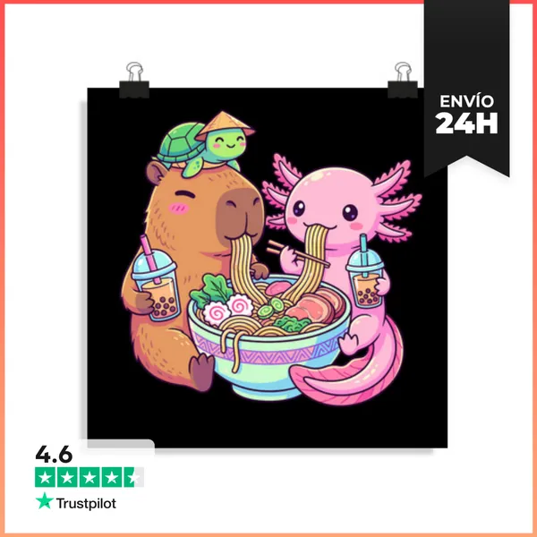Póster Cuadrado Lindo Axolote Capibara Tortuga Ramen Boba