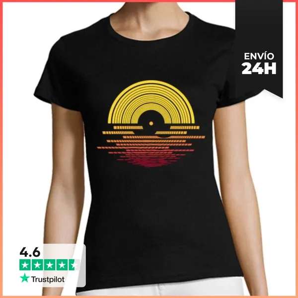Camiseta Mujer Clásica Vinilo Puesta De Sol Dj Musica Y Verano