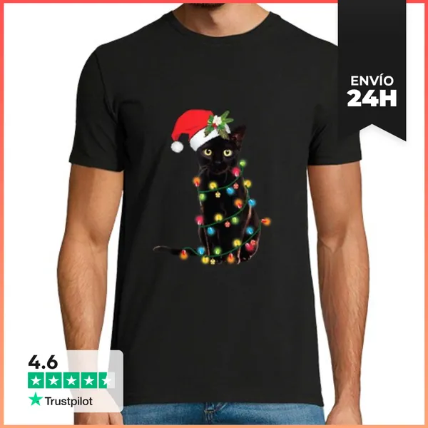 Camiseta Hombre Clásica Gato Negro Navidad Enredado En Luces