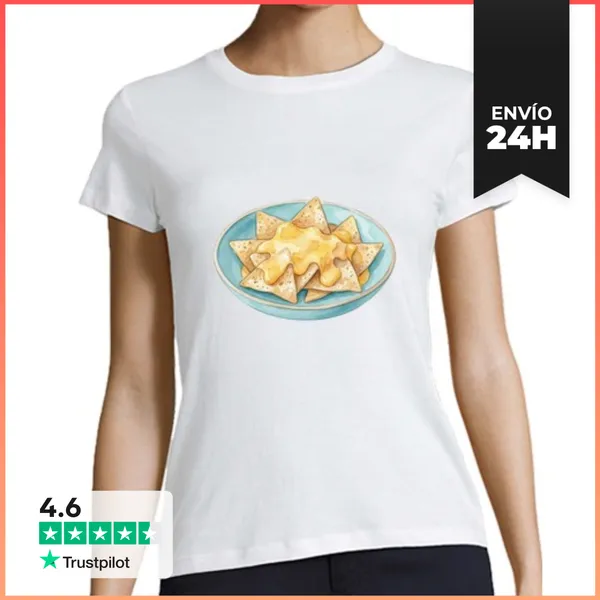 Camiseta Mujer Clásica Nachos Con Queso Fundido En Plato Azul