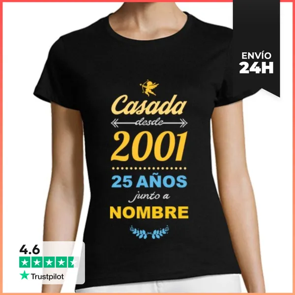 Camiseta Mujer Clásica Casada Desde 2001, Nombre Personalizado
