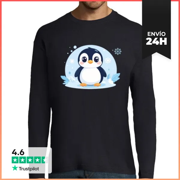 Camiseta Hombre Manga Larga Pingüino Kawaii LaTostadora
