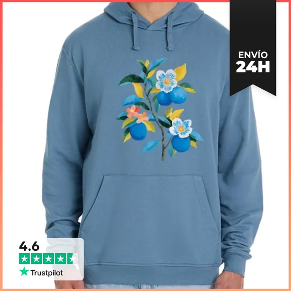 Sudadera Unisex Con Capucha Rama De Cítricos Azules Y Flores