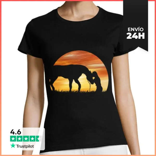 Camiseta Mujer Clásica Caballo Amor Ocaso Sombra Niña Con
