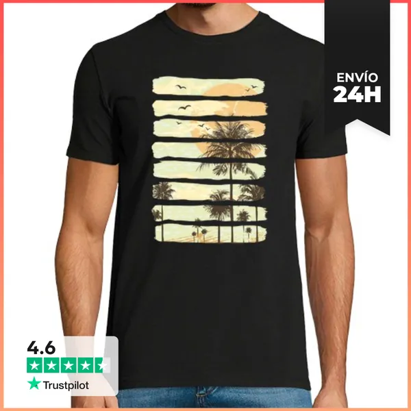Camiseta Hombre Clásica Verano Atardecer Palmera Playa Océano