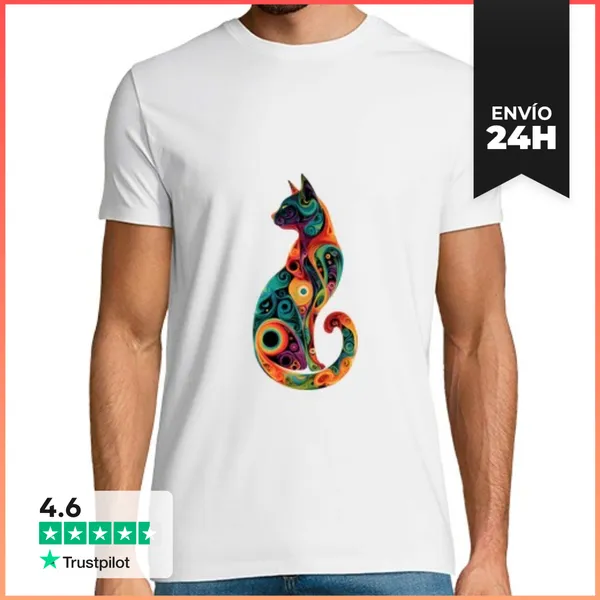 Camiseta Hombre Clásica Diseño De Gato Psicodélico Arte Amante De