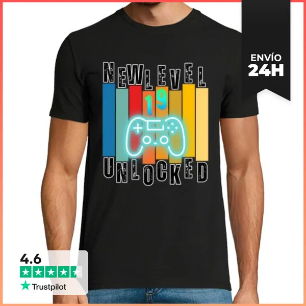 Camiseta Hombre Clásica New Level 19 Unlocked Retro Gamer