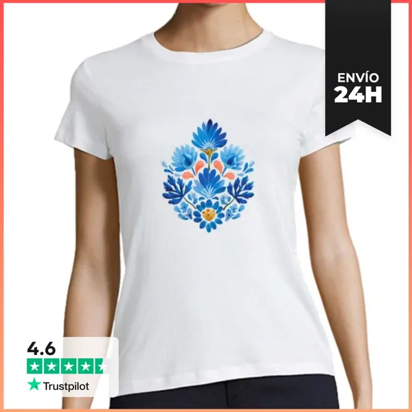 Camiseta Mujer Clásica Motivo Floral Azul Simétrico LaTostadora
