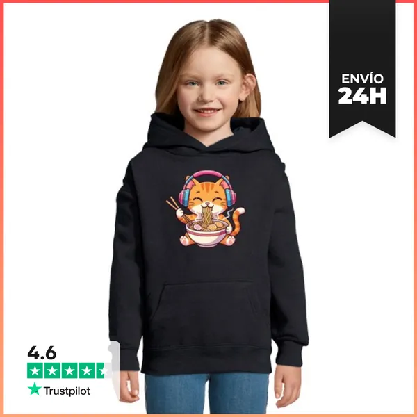 Sudadera Para Niños Con Capucha Gato Kawaii Ramen Música
