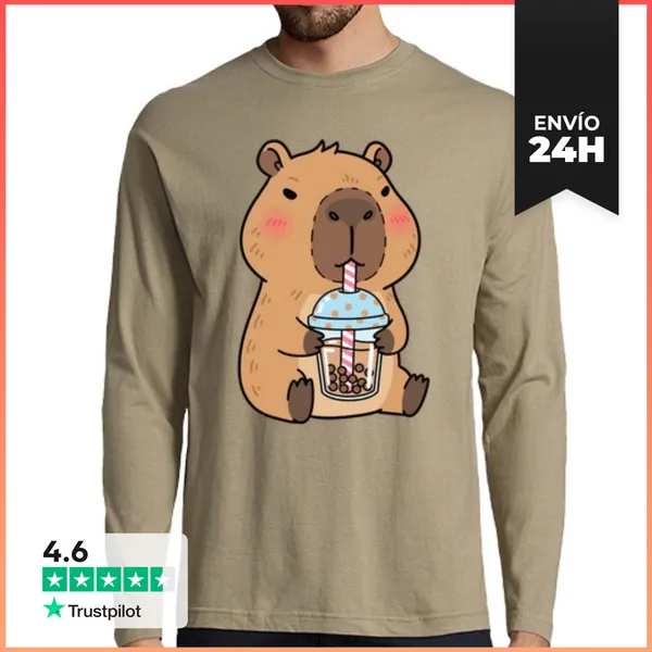 Camiseta Hombre Manga Larga Capibara Con Té Y Estilo Tranquilo