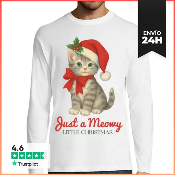 Camiseta Hombre Manga Larga JUST A MEOWY LITTLE CHRISTMAS XMAS