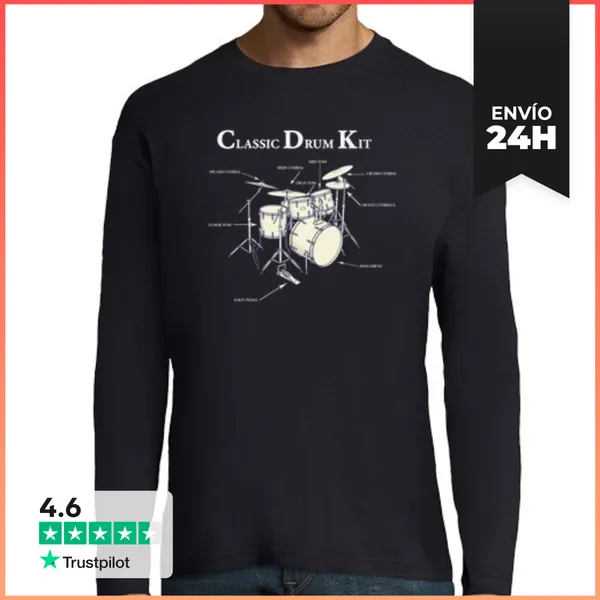 Camiseta Hombre Manga Larga Anatomía Batería Clásica Instrumentos