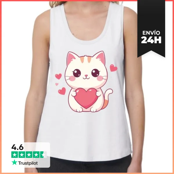 Camiseta Mujer Sin Mangas, Loose Fit Gato Kawaii Con Corazón