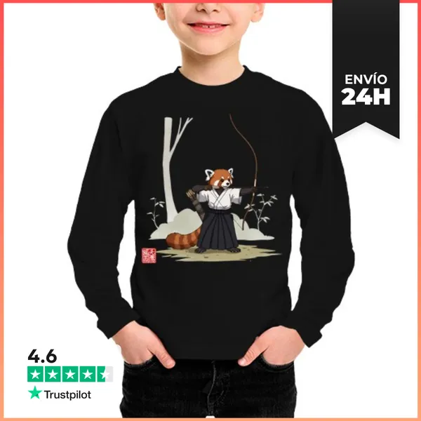 Camiseta Manga Larga Para Niños Lindo Panda Rojo Samurái Arquero