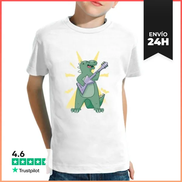 Camiseta Clásica Para Niños Guitarrista De Dinosaurio Rockstar