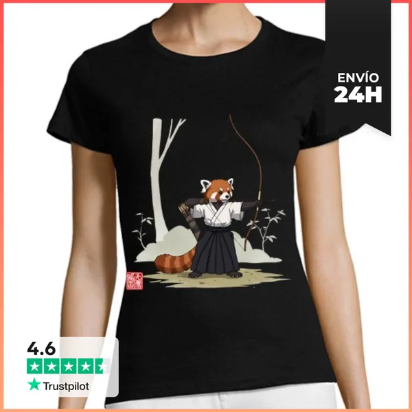 Camiseta Mujer Clásica Lindo Panda Rojo Samurái Arquero Kyudo