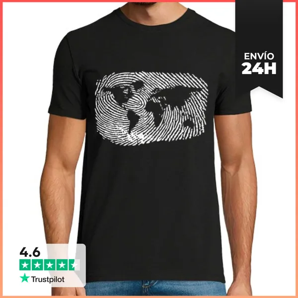 Camiseta Hombre Clásica Mapamundi Huella Dactilar Mapa Mundo