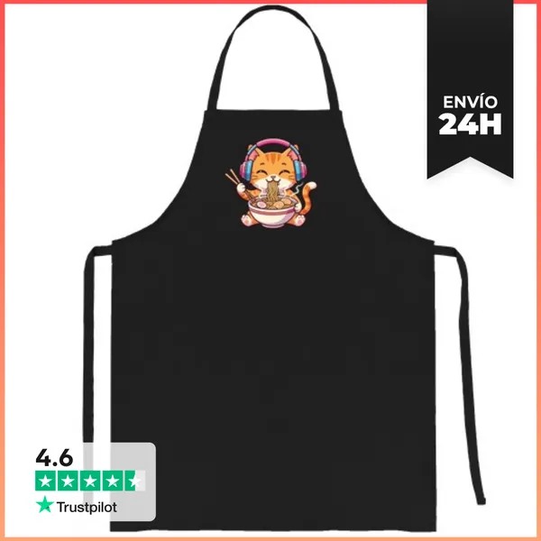 Delantal Gato Kawaii Ramen Música LaTostadora