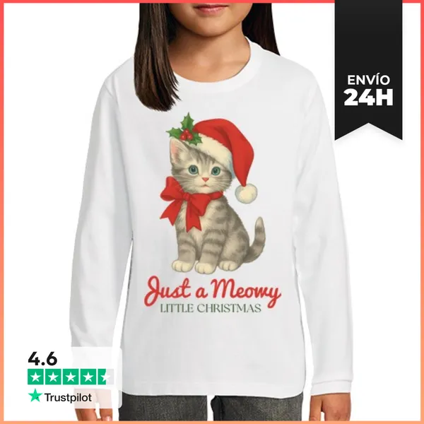 Camiseta Manga Larga Para Niños JUST A MEOWY LITTLE CHRISTMAS