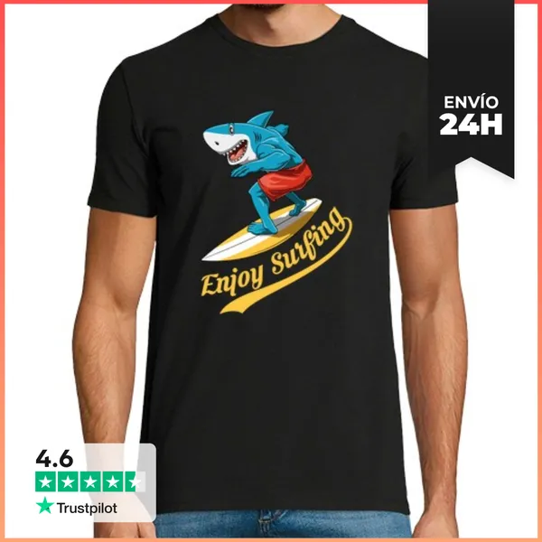 Camiseta Hombre Clásica Divertido Tiburón Enjoi Surfeando Verano