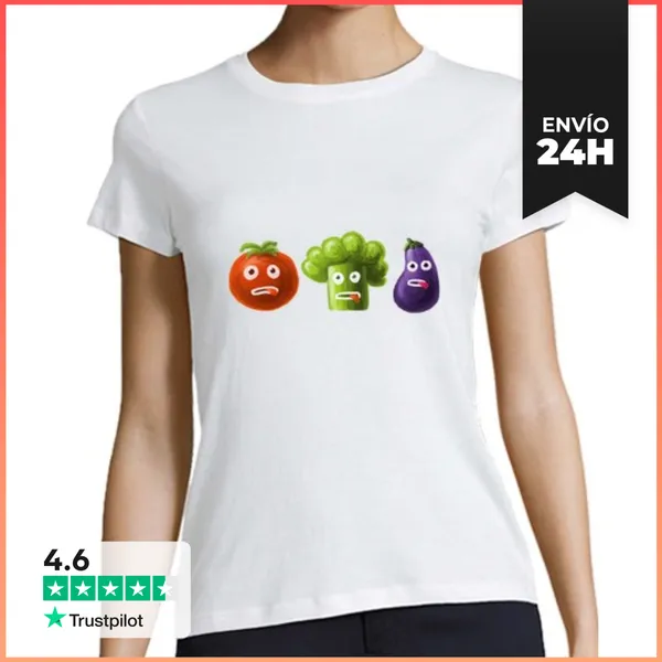 Camiseta Mujer Clásica Brócoli Tomate Y Berenjena Divertida